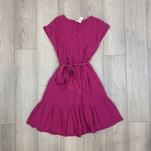 NWT GAP Medium Pink Short Sleeve Tie Waist V-Neck Tiered Fit & Flare Dress